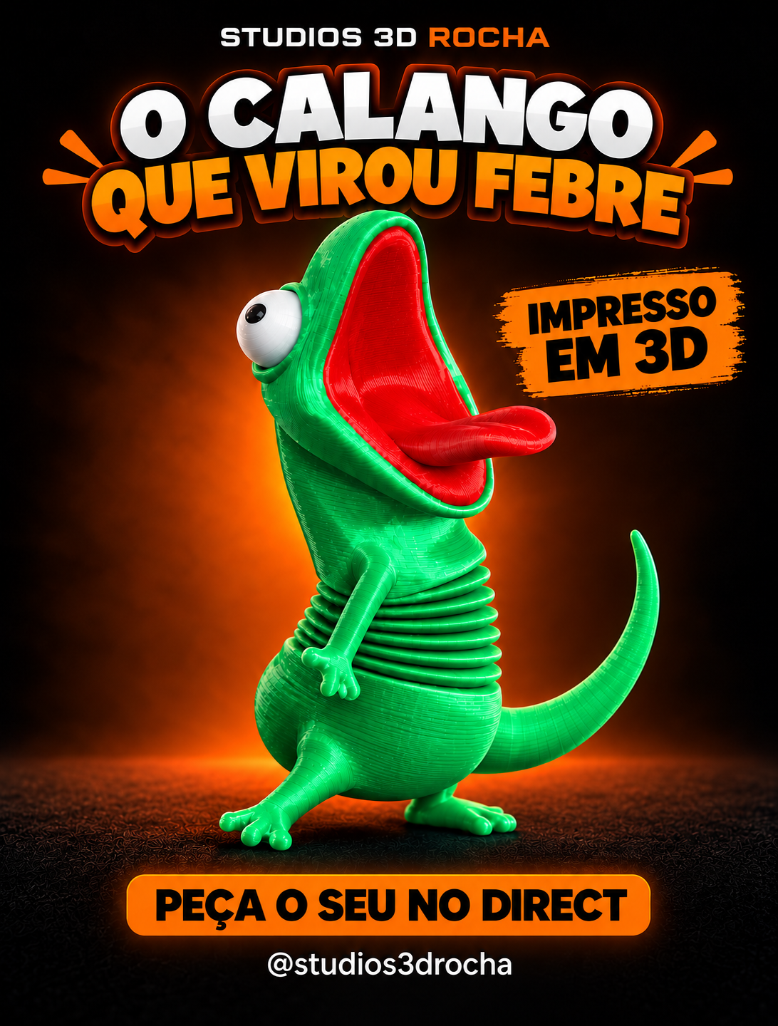 Arte publicada pela Studios 3D Rocha com um calango verde de boca vermelha sobre fundo preto e laranja.
