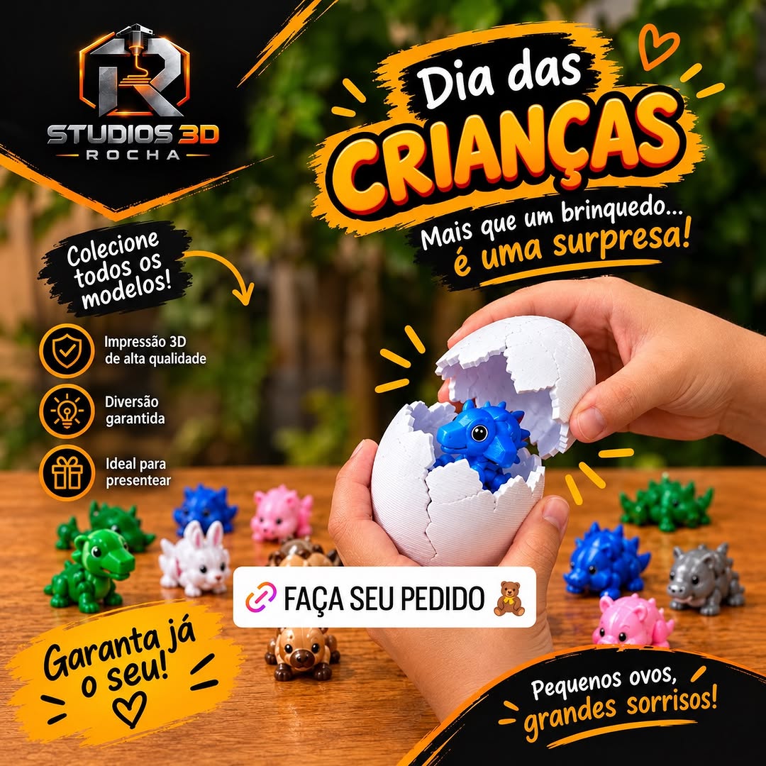 Arte publicada pela Studios 3D Rocha com um ovo branco aberto e um dinossauro azul no interior, junto de outros pequenos personagens coloridos.