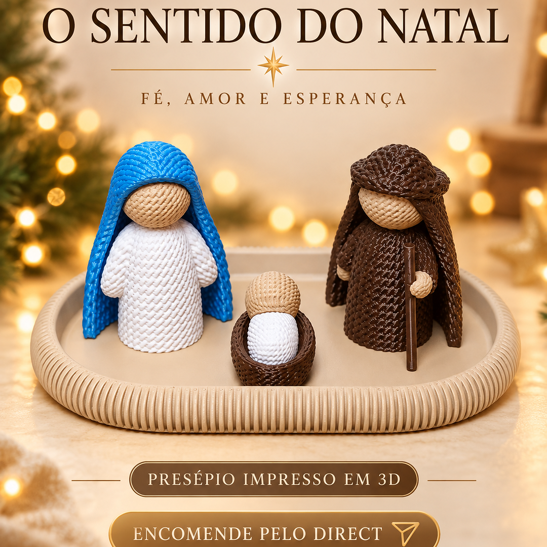 Arte publicada pela Studios 3D Rocha com um presépio de três figuras com textura que lembra tricô.