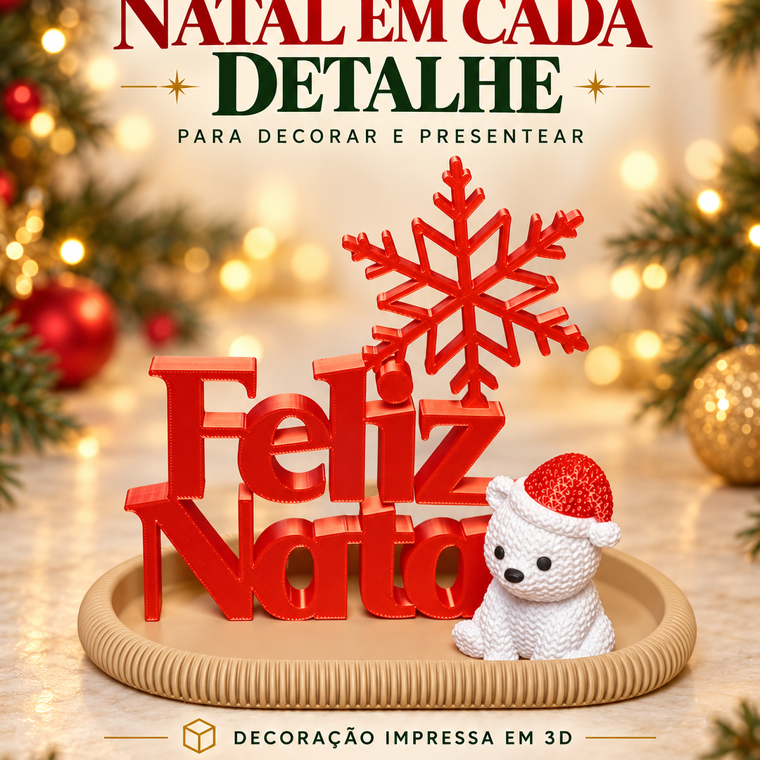 Arte publicada pela Studios 3D Rocha com letras Feliz Natal em vermelho, floco de neve e ursinho de gorro.