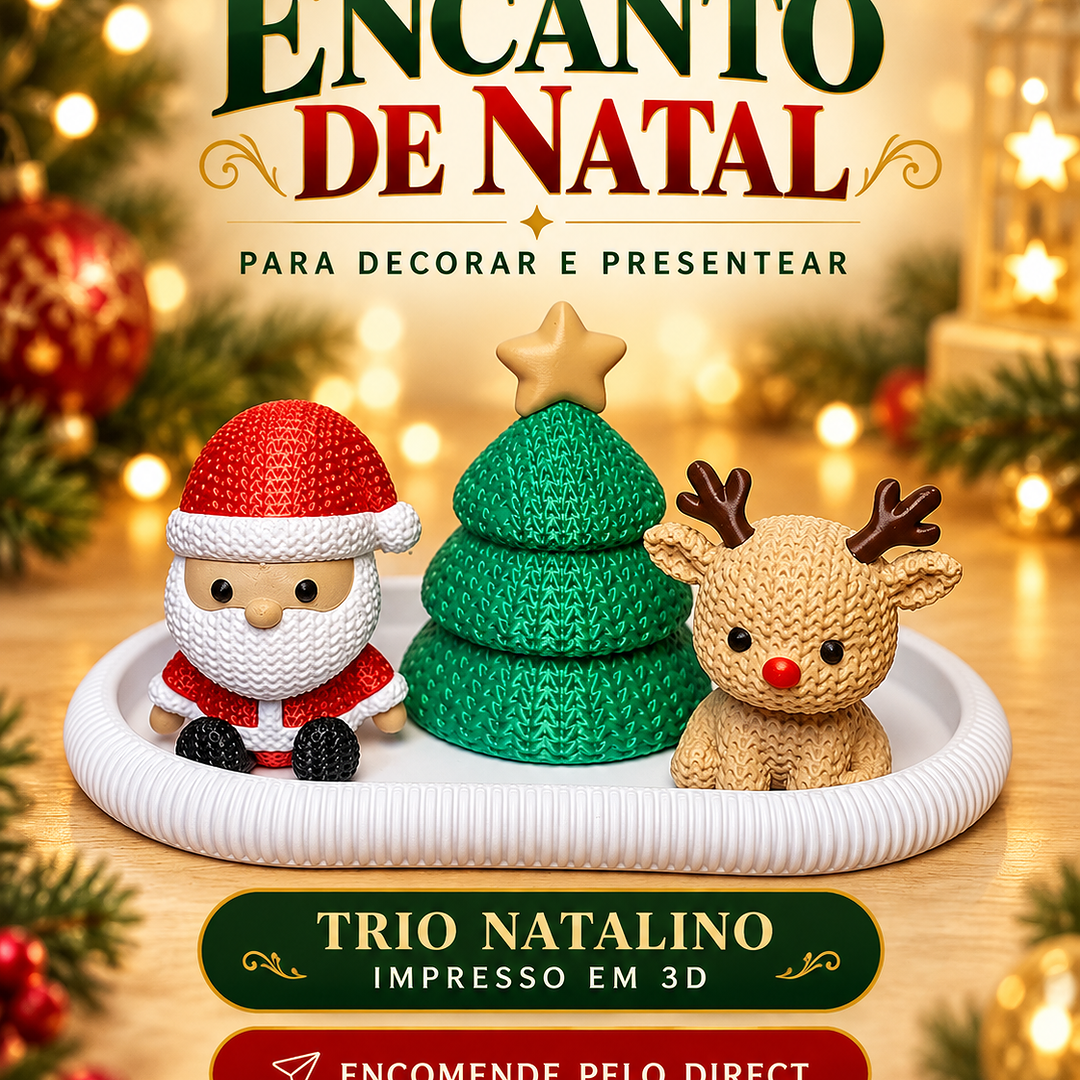 Arte publicada pela Studios 3D Rocha com Papai Noel, árvore e rena impressos em 3D, com textura que lembra tricô.