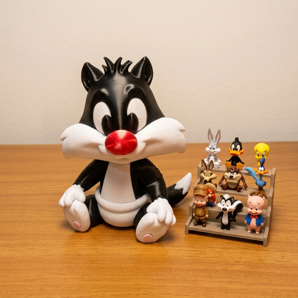 Frajola bebê impresso em 3D ao lado de miniaturas dos Looney Tunes sobre uma mesa.