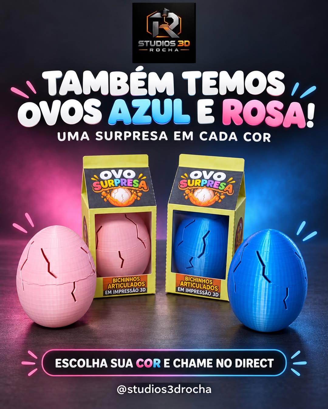 Ovos surpresa de impressão 3D nas cores azul e rosa, com as embalagens de bichinhos articulados