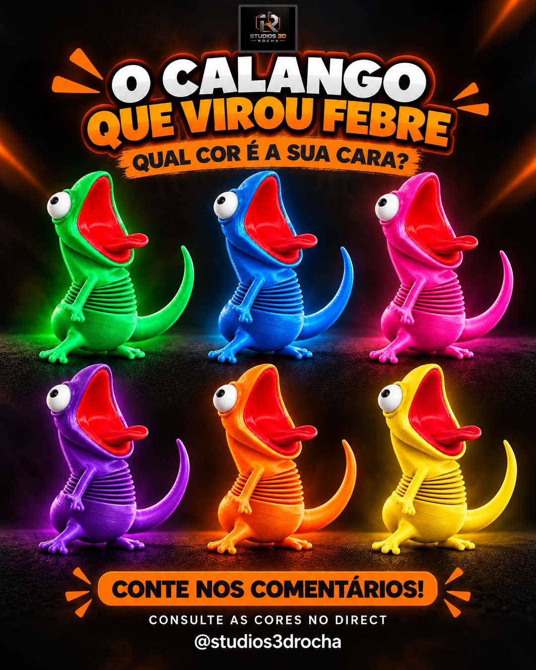 Calangos de impressão 3D nas cores verde, azul, rosa, roxo, laranja e amarelo em arte promocional