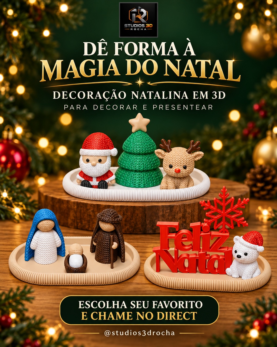 Arte natalina com presépio, Papai Noel, rena, árvore e enfeite Feliz Natal com ursinho