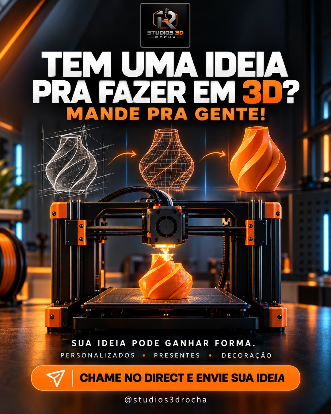 Publicação sobre peças personalizadas, com uma impressora 3D e formas decorativas na bancada